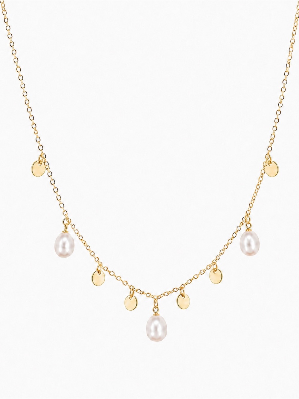 Gold Freshwater Pearl and Disc Charm Necklace